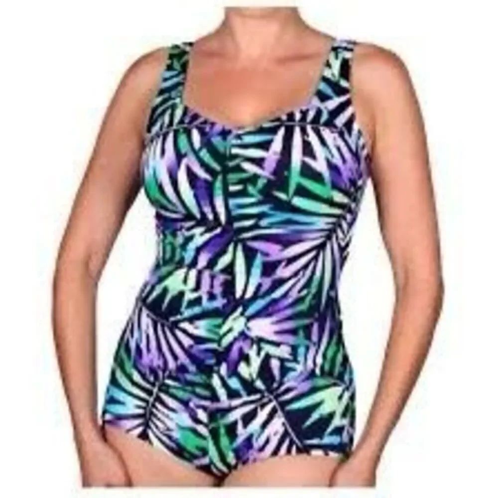 Maxine Size 10 One Piece Shapewear Swimsuit Purple Blue Tropical Leaf Print